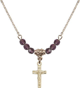 18" Hamilton Gold Plated Necklace with 4mm Amethyst Crystal Beads featuring a 14kt Gold Filled Crucifix Medal.