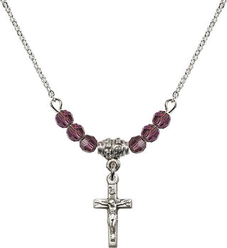 18" Rhodium Plated Necklace with 4mm Amethyst Crystal Beads featuring a Sterling Silver Crucifix Medal.