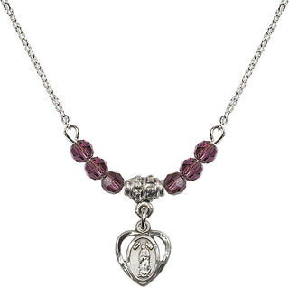 18" Rhodium Plated Necklace with 4mm Amethyst Crystal Beads featuring a Sterling Silver Our Lady of Guadalupe Medal.