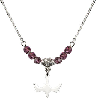 18" Rhodium Plated Necklace with 4mm Amethyst Crystal Beads featuring a Sterling Silver Holy Spirit Medal.