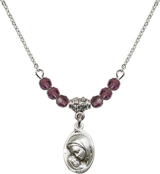 18" Rhodium Plated Necklace with 4mm Amethyst Crystal Beads featuring a Sterling Silver Madonna & Child Medal.