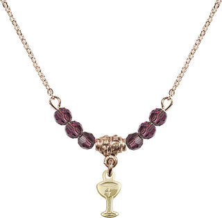 18" Hamilton Gold Plated Necklace with 4mm Amethyst Crystal Beads featuring a 14kt Gold Filled Chalice Medal.