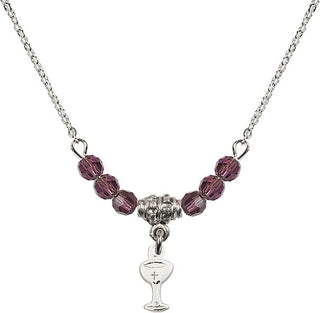 18" Rhodium Plated Necklace with 4mm Amethyst Crystal Beads featuring a Sterling Silver Chalice Medal.