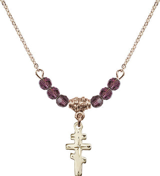 18" Hamilton Gold Plated Necklace with 4mm Amethyst Crystal Beads featuring a 14kt Gold Filled Greek Orthadox Cross Medal.
