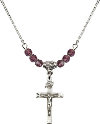 18" Rhodium Plated Necklace with 4mm Amethyst Crystal Beads featuring a Sterling Silver Crucifix Medal.