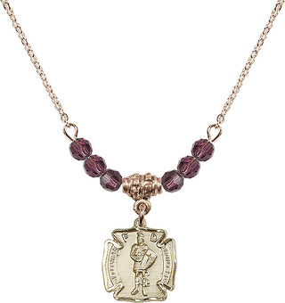 18" Hamilton Gold Plated Necklace with 4mm Amethyst Crystal Beads featuring a 14kt Gold Filled Saint Florian Medal. Engraved Catholic Saint Jewelry