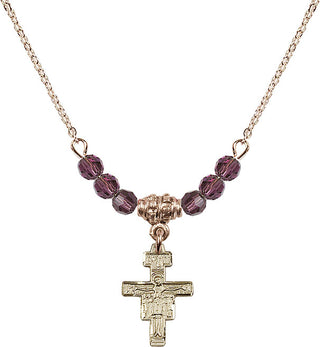 18" Hamilton Gold Plated Necklace with 4mm Amethyst Crystal Beads featuring a 14kt Gold Filled San Damiano Crucifix Medal.