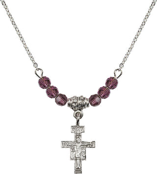 18" Rhodium Plated Necklace with 4mm Amethyst Crystal Beads featuring a Sterling Silver San Damiano Crucifix Medal.