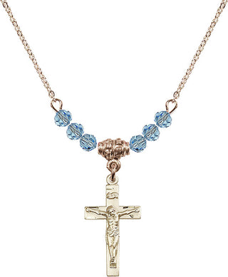 18" Hamilton Gold Plated Necklace with 4mm Aqua Crystal Beads featuring a 14kt Gold Filled Crucifix Medal.