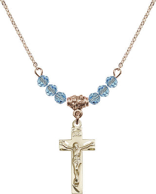 18" Hamilton Gold Plated Necklace with 4mm Aqua Crystal Beads featuring a 14kt Gold Filled Crucifix Medal.