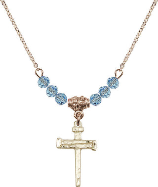 18" Hamilton Gold Plated Necklace with 4mm Aqua Crystal Beads featuring a 14kt Gold Filled Nail Cross Medal.