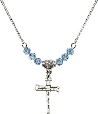 18" Rhodium Plated Necklace with 4mm Aqua Crystal Beads featuring a Sterling Silver Nail Cross Medal.