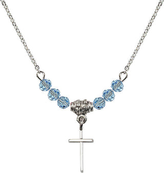 18" Rhodium Plated Necklace with 4mm Aqua Crystal Beads featuring a Sterling Silver Cross Medal.