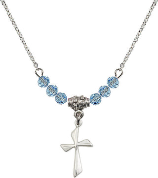 18" Rhodium Plated Necklace with 4mm Aqua Crystal Beads featuring a Sterling Silver Cross Medal.