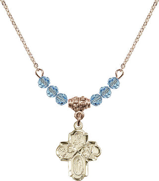 18" Hamilton Gold Plated Necklace with 4mm Aqua Crystal Beads featuring a 14kt Gold Filled 4-Way Medal.