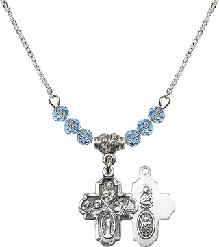 18" Rhodium Plated Necklace with 4mm Aqua Crystal Beads featuring a Sterling Silver 4-Way Medal.