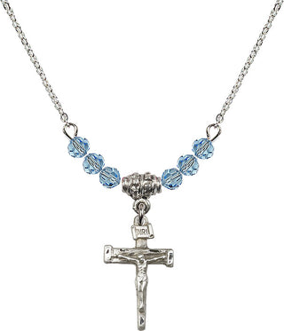 18" Rhodium Plated Necklace with 4mm Aqua Crystal Beads featuring a Sterling Silver Nail Crucifix Medal.