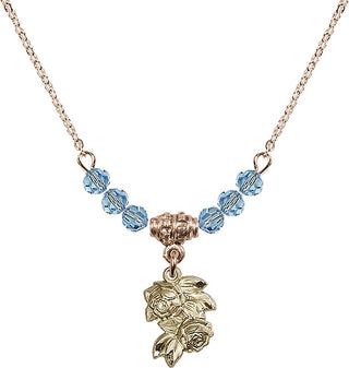 18" Hamilton Gold Plated Necklace with 4mm Aqua Crystal Beads featuring a 14kt Gold Filled Rose Medal.