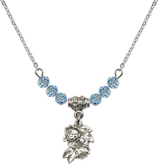 18" Rhodium Plated Necklace with 4mm Aqua Crystal Beads featuring a Sterling Silver Rose Medal.