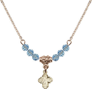 18" Hamilton Gold Plated Necklace with 4mm Aqua Crystal Beads featuring a 14kt Gold Filled 4-Way Medal.