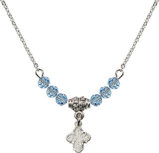 18" Rhodium Plated Necklace with 4mm Aqua Crystal Beads featuring a Sterling Silver 4-Way Medal.