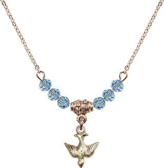 18" Hamilton Gold Plated Necklace with 4mm Aqua Crystal Beads featuring a 14kt Gold Filled Holy Spirit Medal.