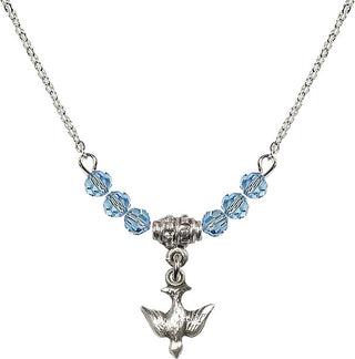 18" Rhodium Plated Necklace with 4mm Aqua Crystal Beads featuring a Sterling Silver Holy Spirit Medal.