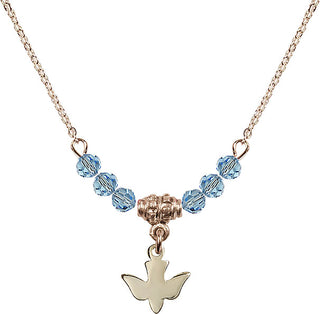 18" Hamilton Gold Plated Necklace with 4mm Aqua Crystal Beads featuring a 14kt Gold Filled Holy Spirit Medal.