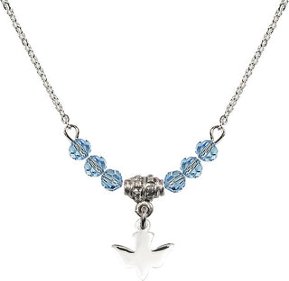 18" Rhodium Plated Necklace with 4mm Aqua Crystal Beads featuring a Sterling Silver Holy Spirit Medal.