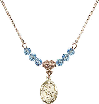 18" Hamilton Gold Plated Necklace with 4mm Aqua Crystal Beads featuring a 14kt Gold Filled Guardian Angel Medal.