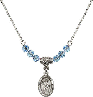 18" Rhodium Plated Necklace with 4mm Aqua Crystal Beads featuring a Sterling Silver Guardian Angel Medal.