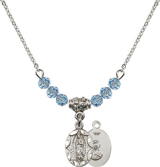 18" Rhodium Plated Necklace with 4mm Aqua Crystal Beads featuring a Sterling Silver Our Lady of Guadalupe Medal.