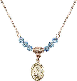 18" Hamilton Gold Plated Necklace with 4mm Aqua Crystal Beads featuring a 14kt Gold Filled Saint Jude Medal.