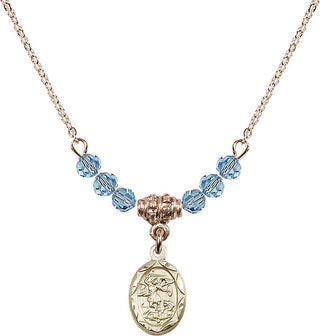 18" Hamilton Gold Plated Necklace with 4mm Aqua Crystal Beads featuring a 14kt Gold Filled Saint Michael the Archangel Medal.