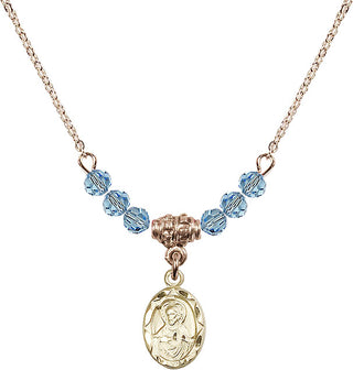 18" Hamilton Gold Plated Necklace with 4mm Aqua Crystal Beads featuring a 14kt Gold Filled Scapular Medal.