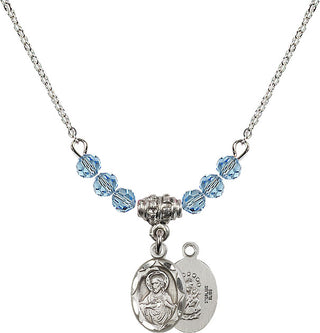 18" Rhodium Plated Necklace with 4mm Aqua Crystal Beads featuring a Sterling Silver Scapular Medal.