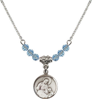 18" Rhodium Plated Necklace with 4mm Aqua Crystal Beads featuring a Sterling Silver Saint Ann Medal. Engraved Catholic Saint Jewelry
