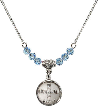 18" Rhodium Plated Necklace with 4mm Aqua Crystal Beads featuring a Sterling Silver Baptism Medal. Engraved Catholic Saint Jewelry