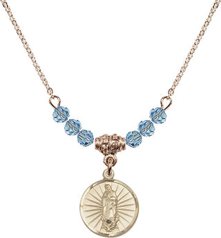 18" Hamilton Gold Plated Necklace with 4mm Aqua Crystal Beads featuring a 14kt Gold Filled Our Lady of Guadalupe Medal. Engraved Catholic Saint Jewelry