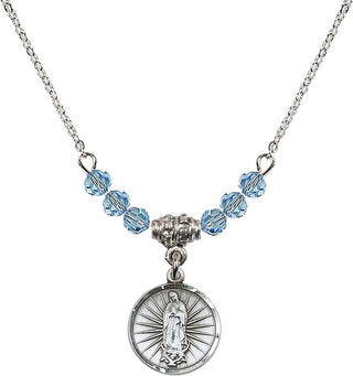 18" Rhodium Plated Necklace with 4mm Aqua Crystal Beads featuring a Sterling Silver Our Lady of Guadalupe Medal. Engraved Catholic Saint Jewelry