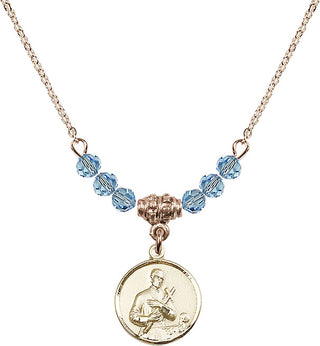 18" Hamilton Gold Plated Necklace with 4mm Aqua Crystal Beads featuring a 14kt Gold Filled Saint Gerard Medal. Engraved Catholic Saint Jewelry