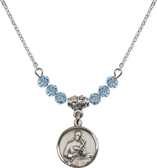 18" Rhodium Plated Necklace with 4mm Aqua Crystal Beads featuring a Sterling Silver Saint Gerard Medal. Engraved Catholic Saint Jewelry