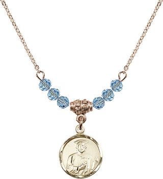 18" Hamilton Gold Plated Necklace with 4mm Aqua Crystal Beads featuring a 14kt Gold Filled Saint Jude Medal. Engraved Catholic Saint Jewelry