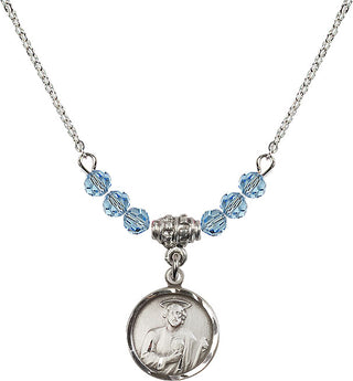 18" Rhodium Plated Necklace with 4mm Aqua Crystal Beads featuring a Sterling Silver Saint Jude Medal. Engraved Catholic Saint Jewelry