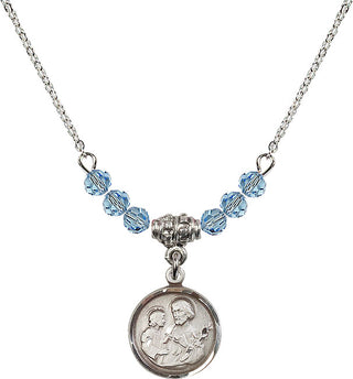 18" Rhodium Plated Necklace with 4mm Aqua Crystal Beads featuring a Sterling Silver Saint Joseph Medal. Engraved Catholic Saint Jewelry