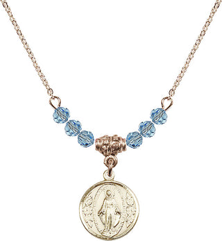 18" Hamilton Gold Plated Necklace with 4mm Aqua Crystal Beads featuring a 14kt Gold Filled Miraculous Medal.