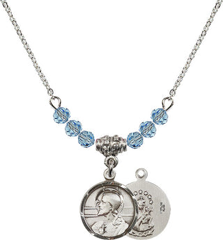 18" Rhodium Plated Necklace with 4mm Aqua Crystal Beads featuring a Sterling Silver Scapular Medal.