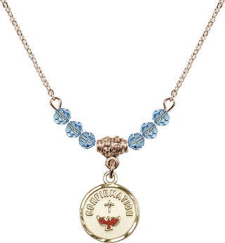 18" Hamilton Gold Plated Necklace with 4mm Aqua Crystal Beads featuring a 14kt Gold Filled Confirmation Medal. Engraved Catholic Saint Jewelry