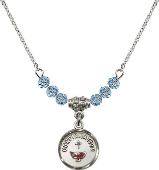 18" Rhodium Plated Necklace with 4mm Aqua Crystal Beads featuring a Sterling Silver Confirmation Medal. Engraved Catholic Saint Jewelry