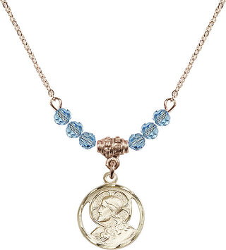 18" Hamilton Gold Plated Necklace with 4mm Aqua Crystal Beads featuring a 14kt Gold Filled Scapular Medal.